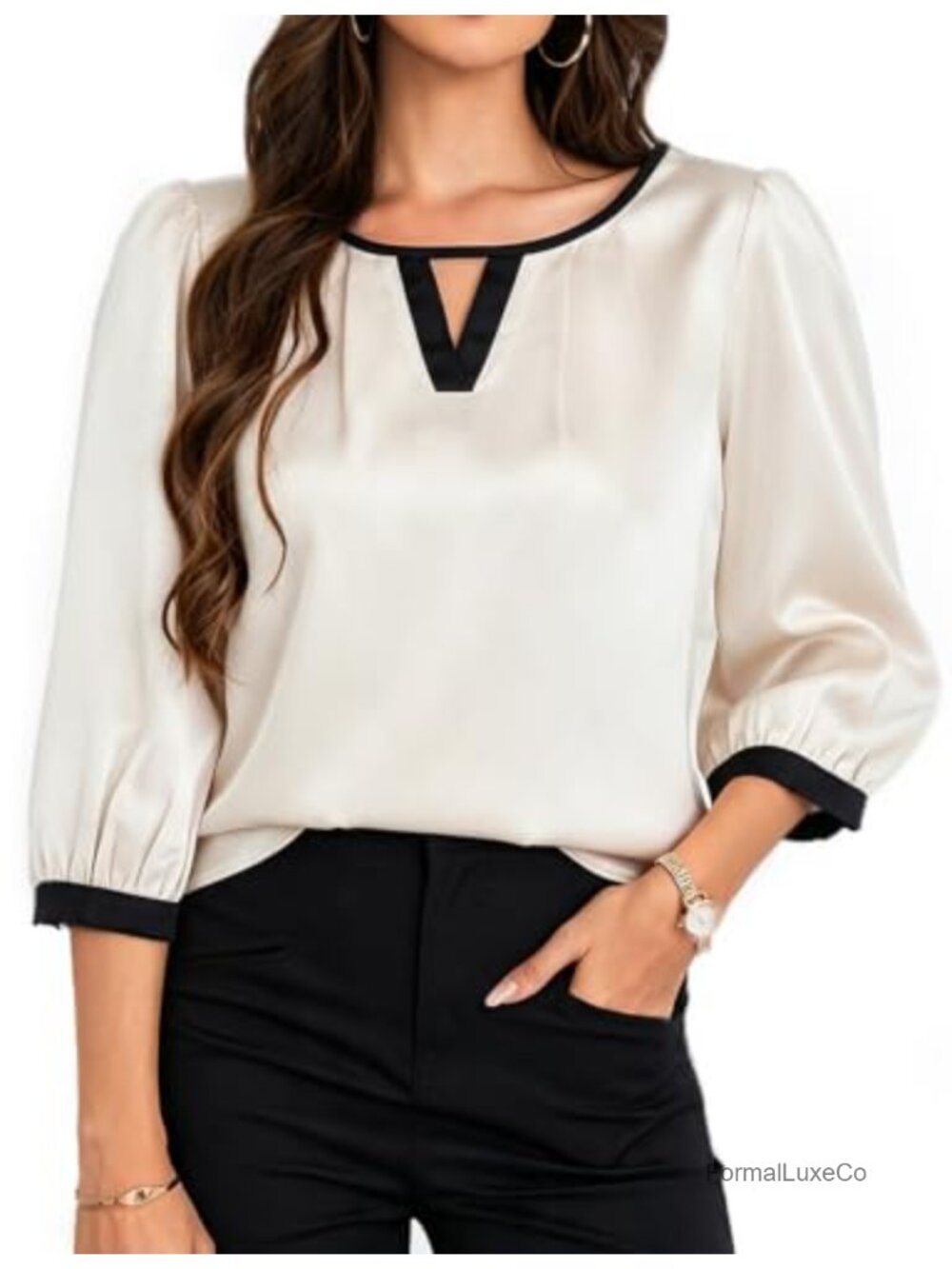 Womens Satin Blouse 3/4 Sleeve Dressy Casual Shirt